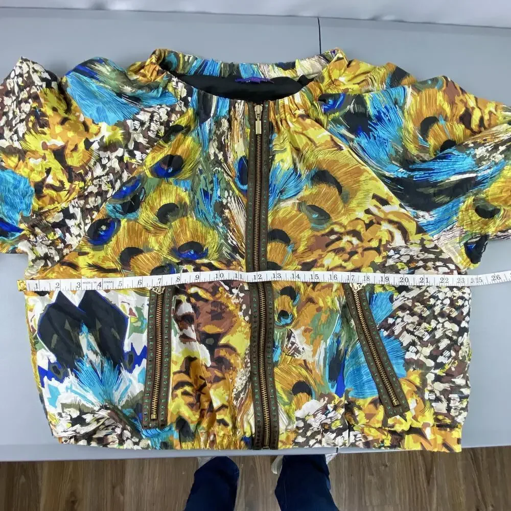 INDIKKA 100% Silk Vibrant Peacock Print Bomber Jacket Wms sz XL